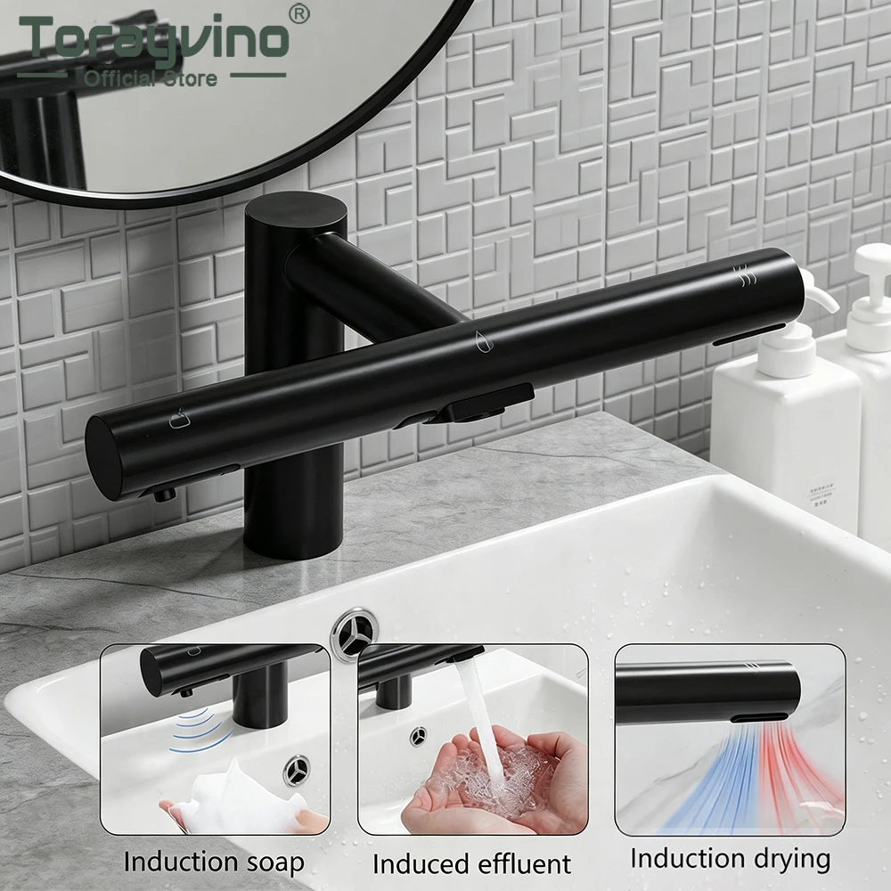 

Torayvino Black Bathroom faucet Hands Dryer 3 in 1 Design Automatic Soap Dispenser Hands Washinhroom Tap Powerful Hand Dryer Air