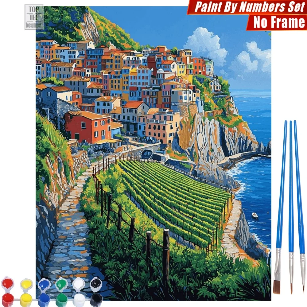 

Colorful hillside houses Digital Oil Painting Kit - picturesque coastal vineyard Birthday Gift For Dad