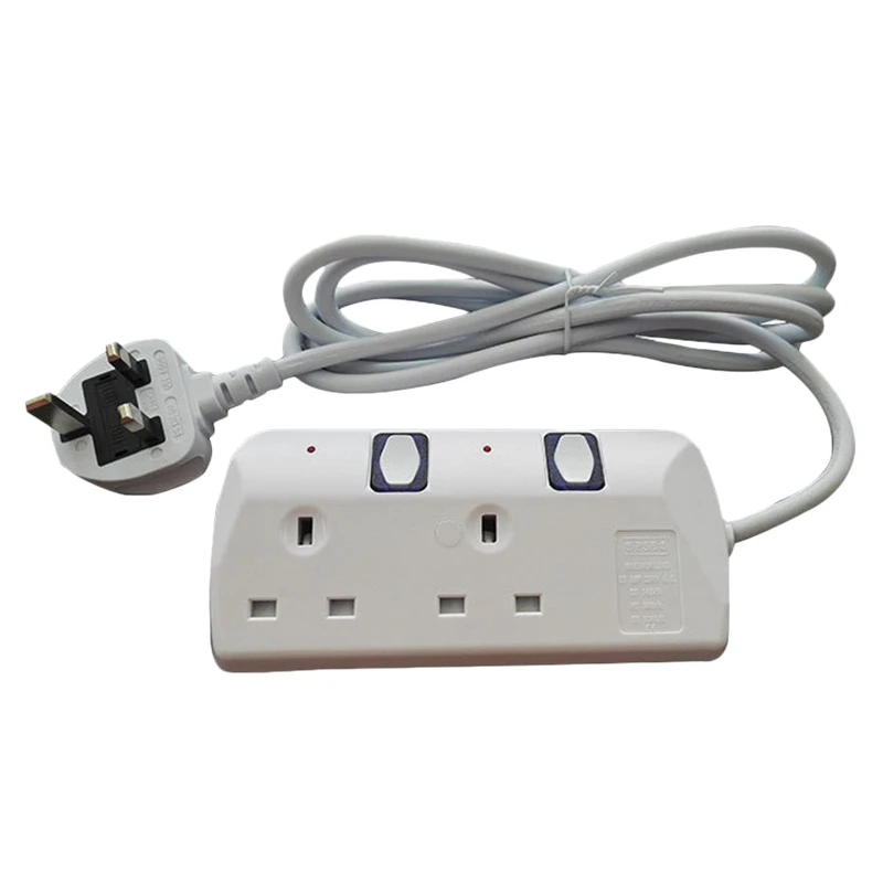 2 Way Extension Lead With Switches Portable White Power Accessory In Home Office 2M/6.6FT 13A Extension Cable(UK Plug)