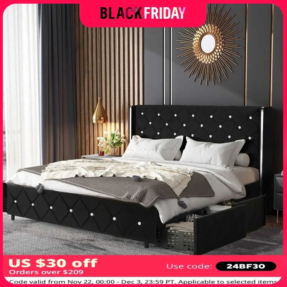 Queen Size Bed Frame with 4 Storage Drawers, Heavy Duty Wooden Slats Support, Velvet Tufted Diamond Platform Bed Frame