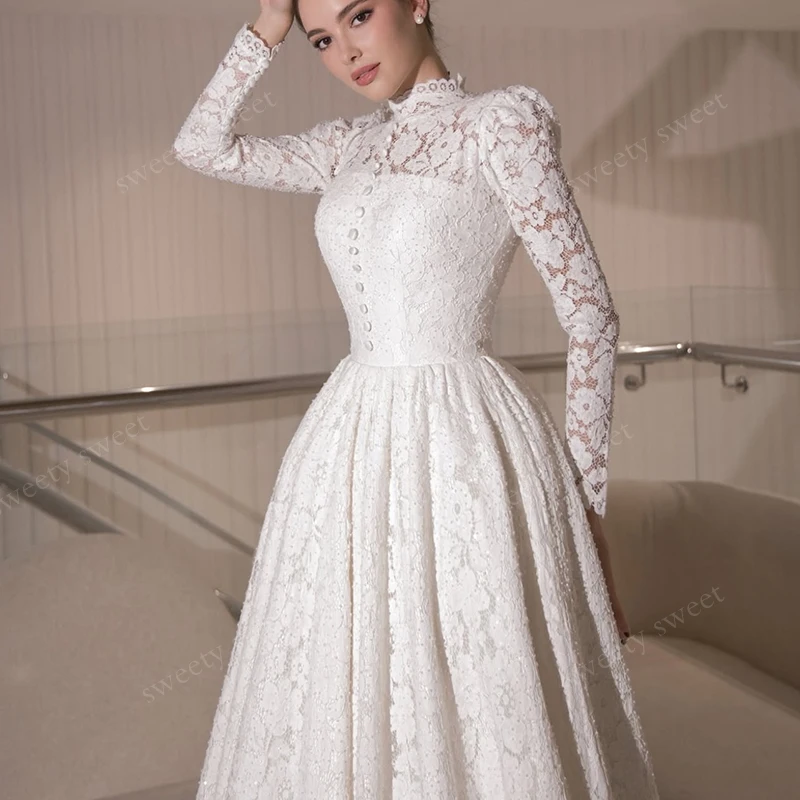 Robe de mariée Vintage à col haut, en Organza avec dentelle brodée, ligne a, longueur au sol, robe de bal, manches longues, personnalisée