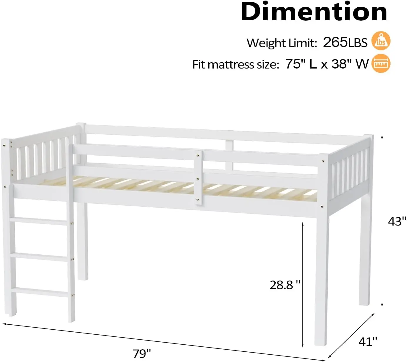 Twin Loft Bed Low Loft Bed Frame for Little Kids Small Room/Low Ceiling Bedrrom with Guardrail and Ladder