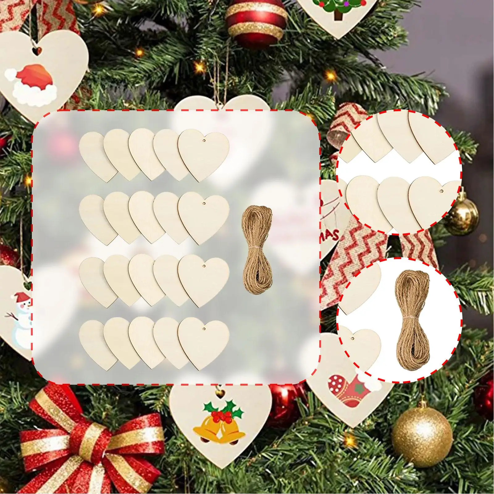 20Pcs Heart Shaped Wood Slices Cutouts Unfinished Party Decoration DIY Craft Art Project with Twines Christmas Hanging Decor
