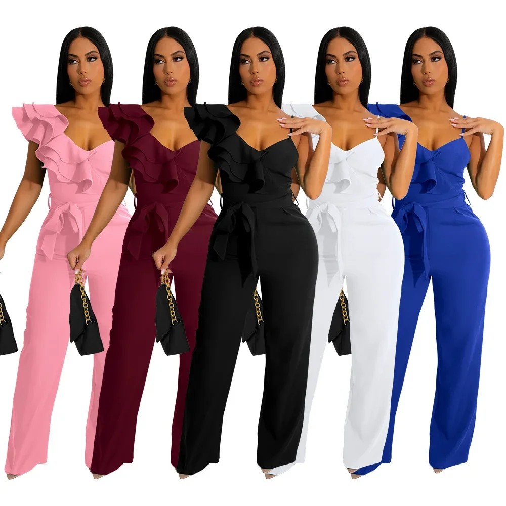 

2023 Women Jumpsuit Sexy Fashion V Neck Sleeveless Solid Nipped Waist Pleated Loose Wide Legs Romper High Office Lady Streetwear