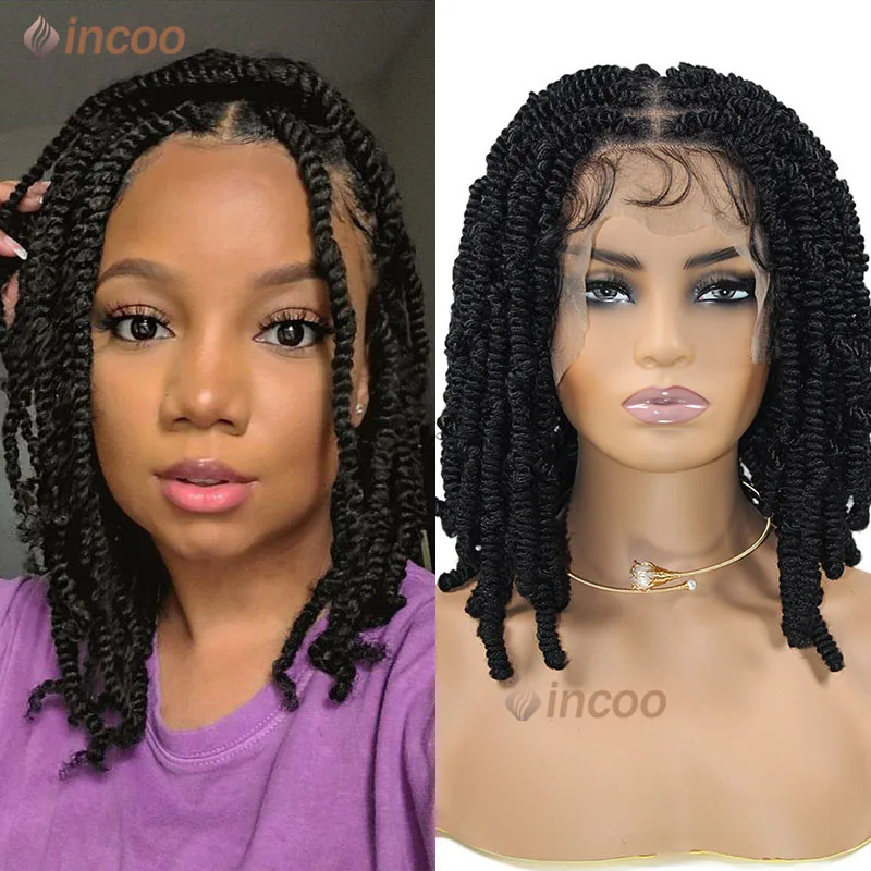 

Synthetic Short Bob Braided Wigs Knotless 360 Full Lace Frontal Wig Spring Twisted Braided Wigs For Black Women Wig 12-16Inch