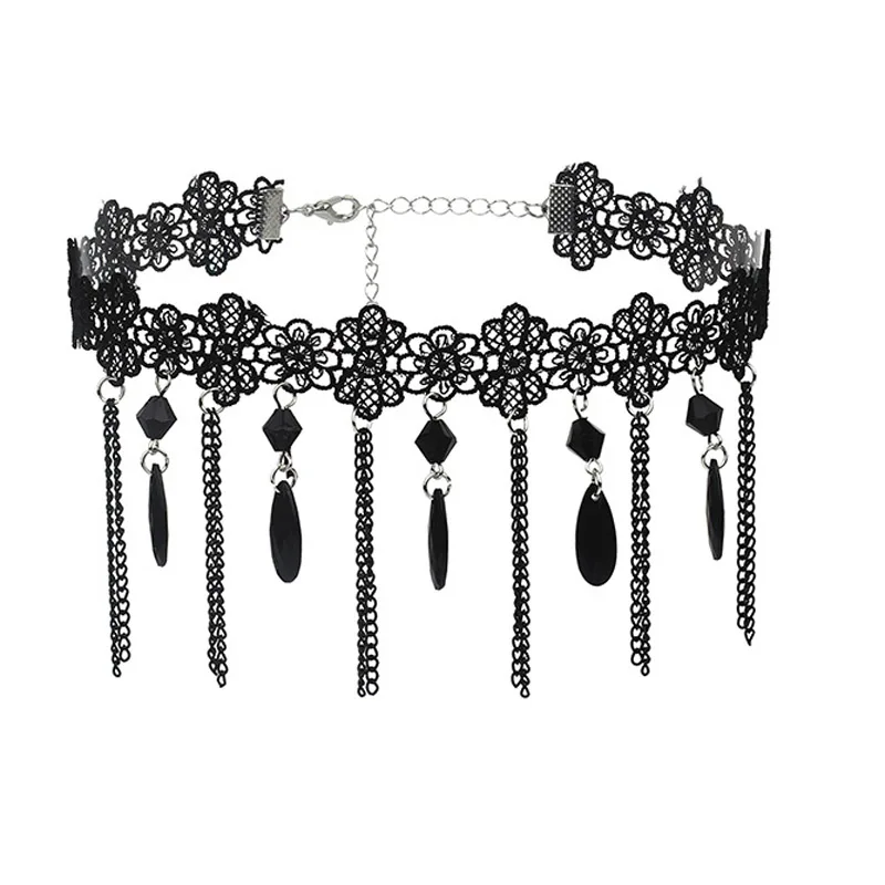 Lace Choker Necklace for Women with Regal Flower Metal Chain Beads Apple Flower Clavicle Lengthening Lady Jewelry