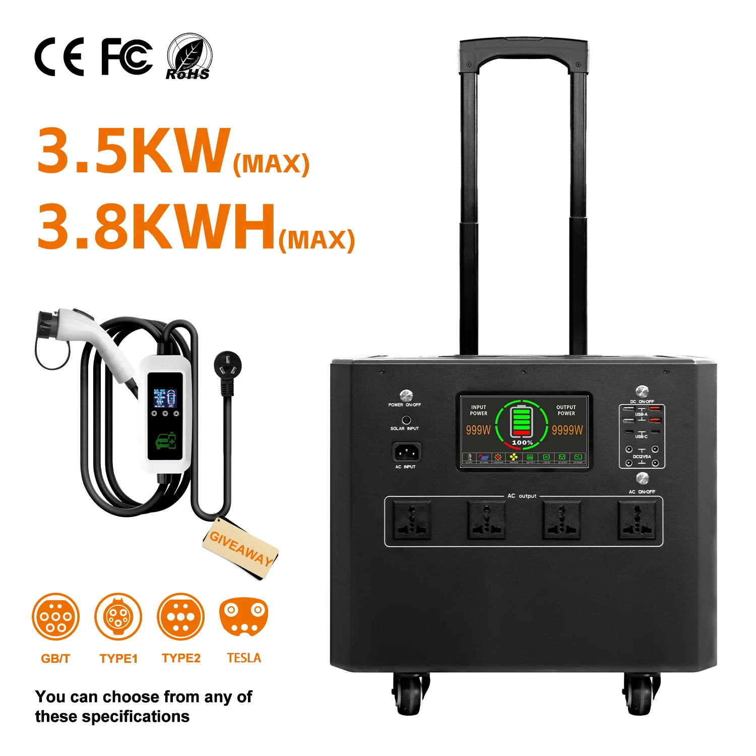 3.5kw 3.8KWH GB/T Type1 Type2 Tela  Battery Portable Energy Storage Inverter Power Supply Portable Car Battery Charger