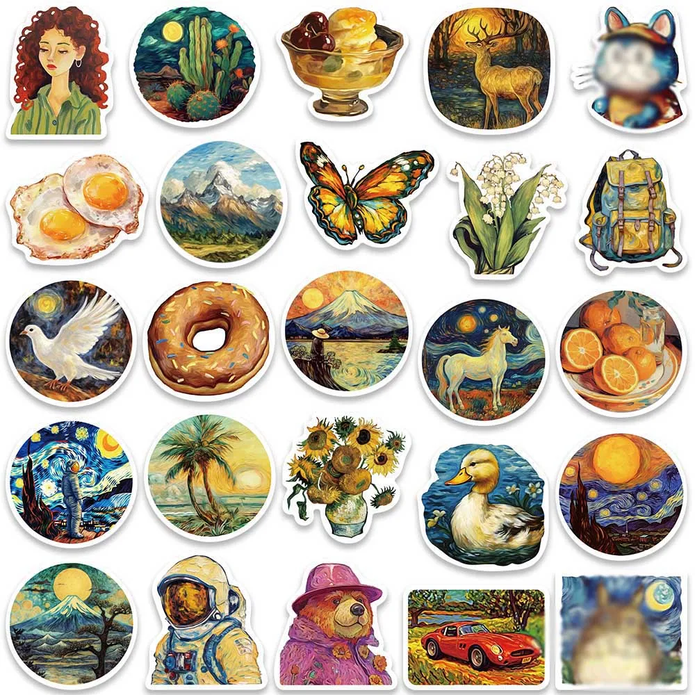 50pcs Van Gogh Style World Art Aesthetic Stickers Retro Vinyl Cartoon Decal for Laptop Scrapbook Notebook Case Decor Wholesale