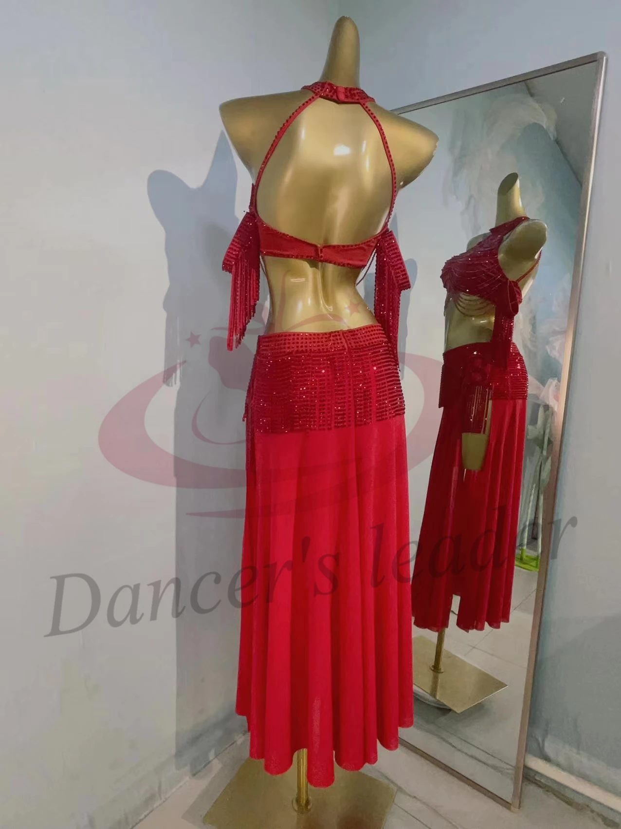 Konkurs Tańca Brzucha Damska Ekskluzywna Sukienka na Zamówienie z Czerwonymi Kryształkami, Koralikami, Rurką, Amerykańska Samba, Sukienka z Cyrkoniami