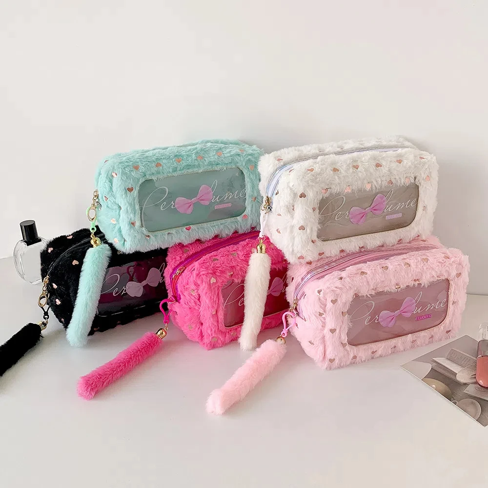 

Plush PVC Y2K Bow Stationery Bag Bowknot Desktop Storage Korean Style Pencil Case Large Capacity Ins Style Bow Pencil Pouch