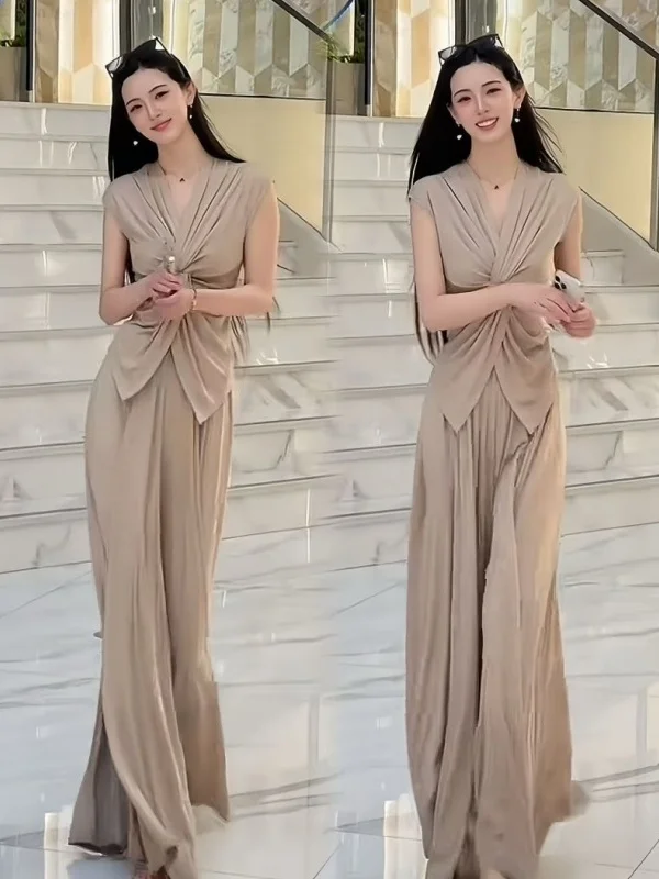 Conjunto de Duas Peças com Nó E, Top com Decote em V e Calças de Perna Larga, Roupa de Verão Faion de Alto Padrão pa...