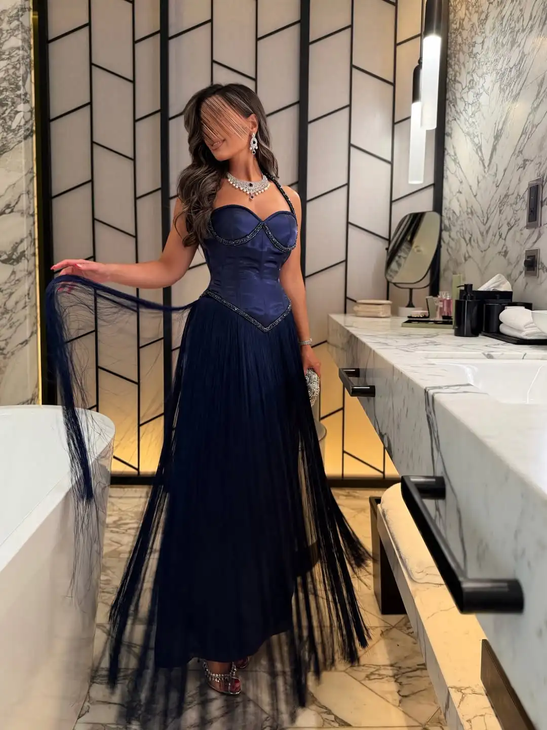 Just You Navy Blue Beaded Evening Dress Halter Corset Fringe Tulle Sheer High Slit Custom Formal Gown Party Dress