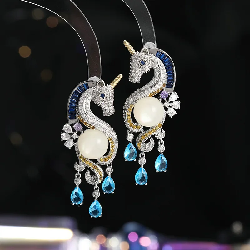 Unique Luxury Jewelry Women Earrings Unicorn Water Drop Dangle Earrings Zircon Shiny Evening Party Jewelry Gift Female