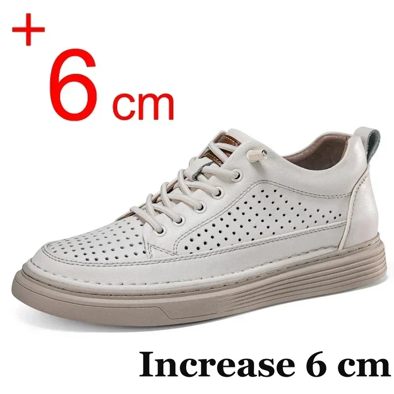 Plus Size 45 46 Men Elevator Shoes Summer Cow Leather Hollow Casual Sports Shoes Man 6cm Height Increasing Lift Sneakers Men