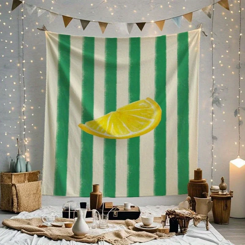 VIKAMA Wandteppich mit frischen Zitronenstreifen, Fruchtscheibe, grün und weiß, Esszimmer-Funktion, Wand- und Küchendekoration, Instagram-Stil