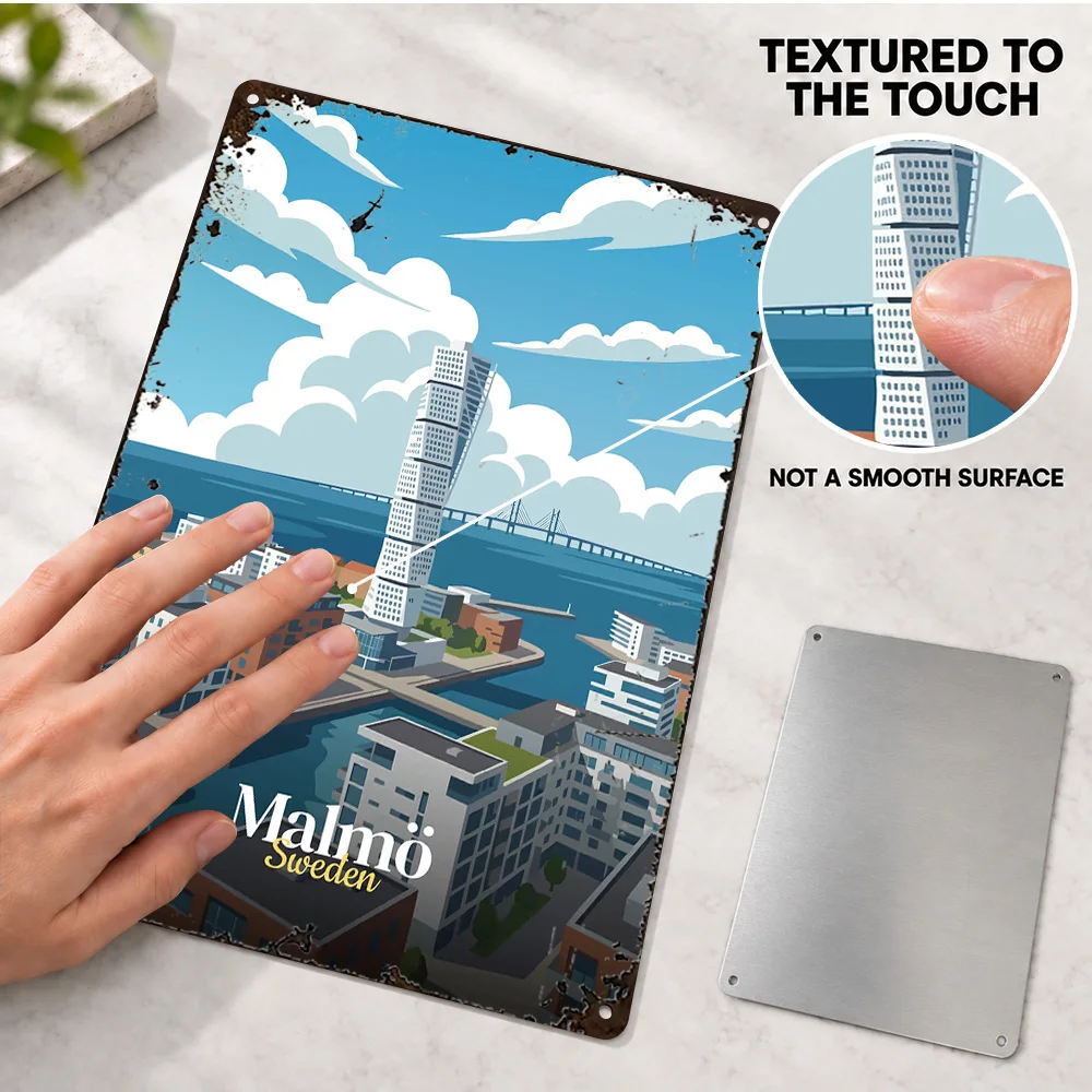 Malmo Sweden Cityscape Illustration Aluminum Poster Retro Colorful Wall Art For Study Customized Metal Sign Globetrotter Gift