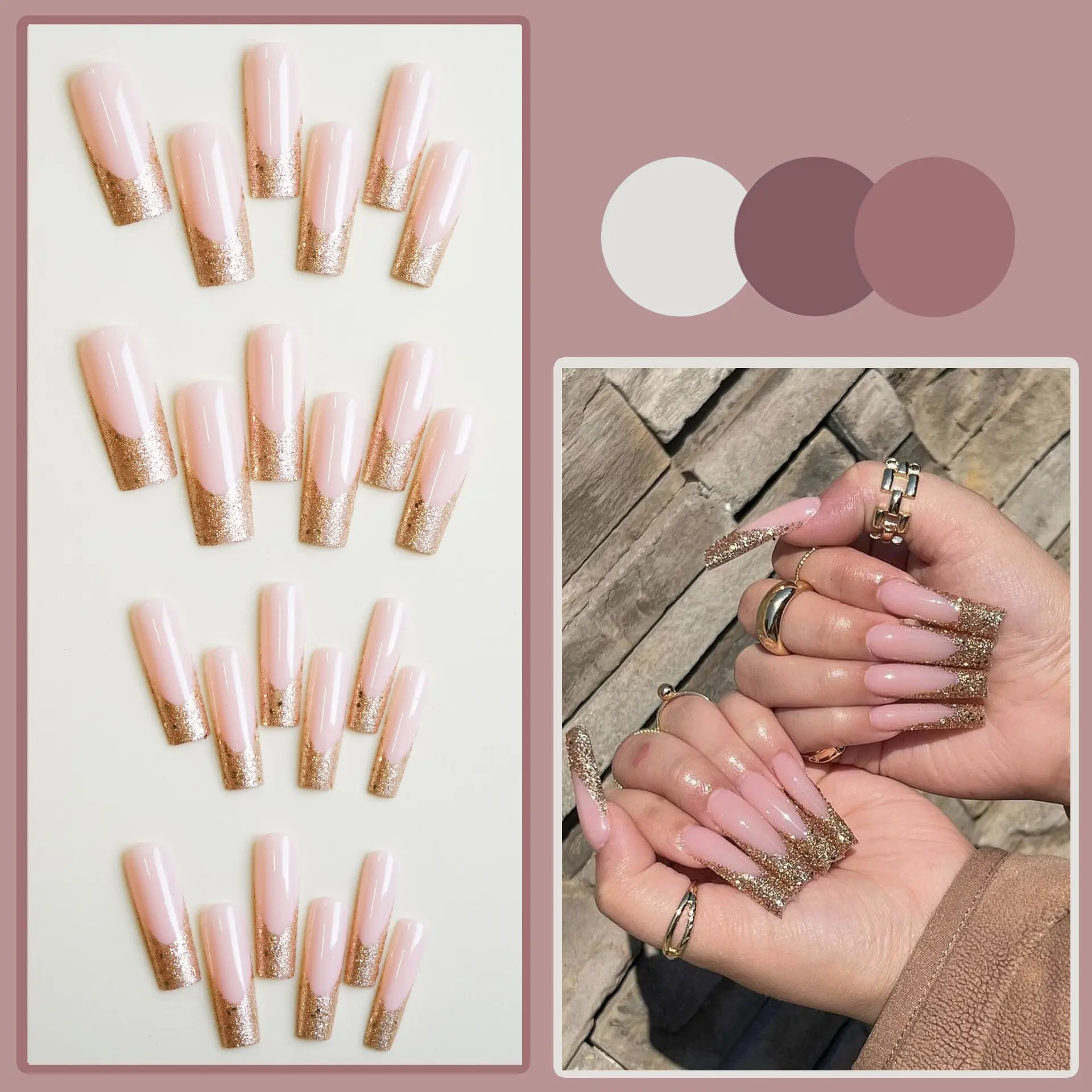 Uñas largas de Ballet, 24 piezas, color champán, polvo dorado, ropa francesa, uñas prensadas en las uñas