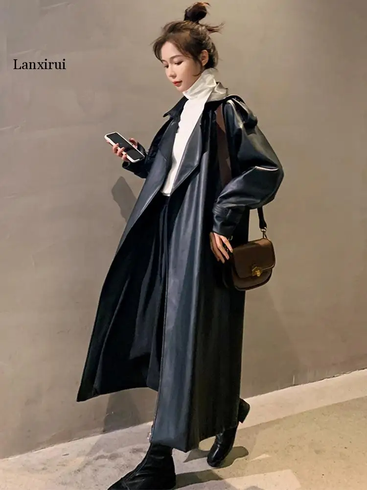 Lanxirui Spring Black Oversized Long Waterproof Leather Trench Coat for Women  Long Sleeve Loose Korean Fashion Clothing