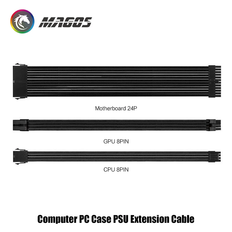 【セール中】コンピューターケース PSU 延長ケーブル、長さ 300mm ATX-24Pin / PCI-E 8Pin / CPU 8Pin 18AWG 電源コード、コーム付き、マルチカラー