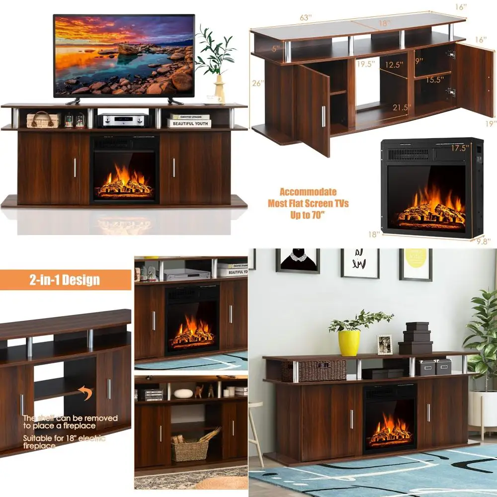 

Modern 70 TV Stand with 1500W Electric Fireplace, Spacious Living Room Media Console Table for Entertainment