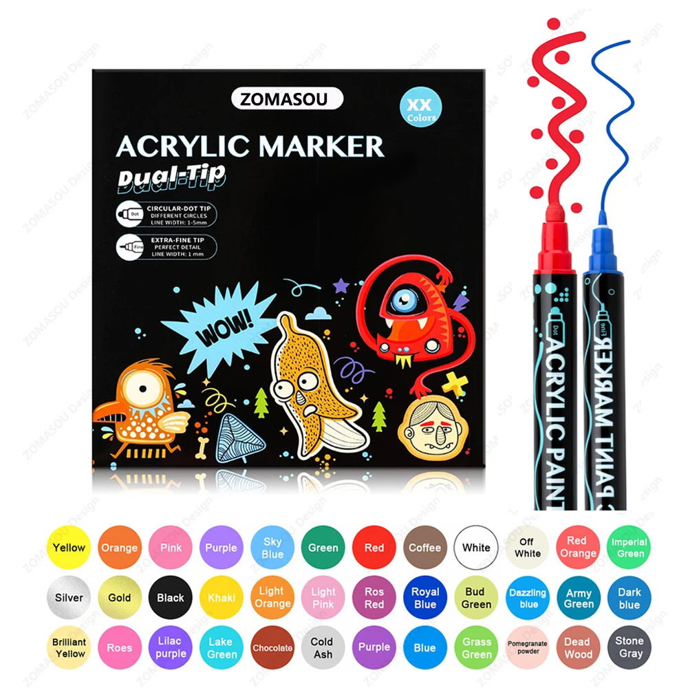 

12-60 Colors Acrylic Paint Markers Pens , Dual Tip Paint Markers Art Painting Dot Pen Portable Coloring Drawing Pen Student Gift