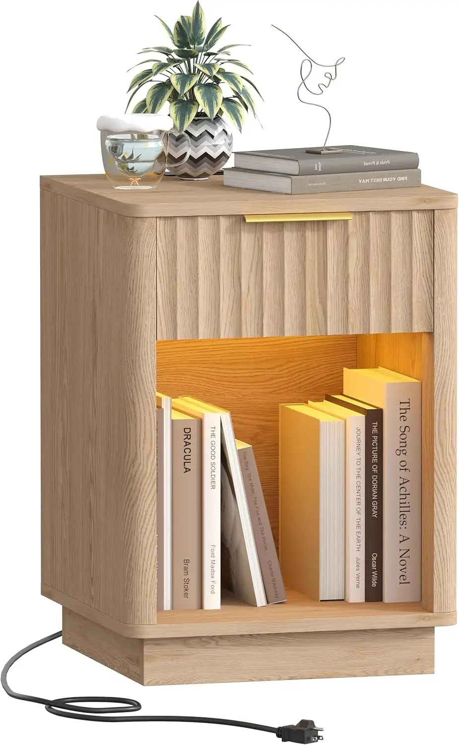 

Современная прикроватная тумбочка с рифленой отделкой, зарядной станцией, LED-подсветкой и выдвижным ящиком - 15,7 дюймов (Ш) x 22,6 дюйма (В), натуральный дуб