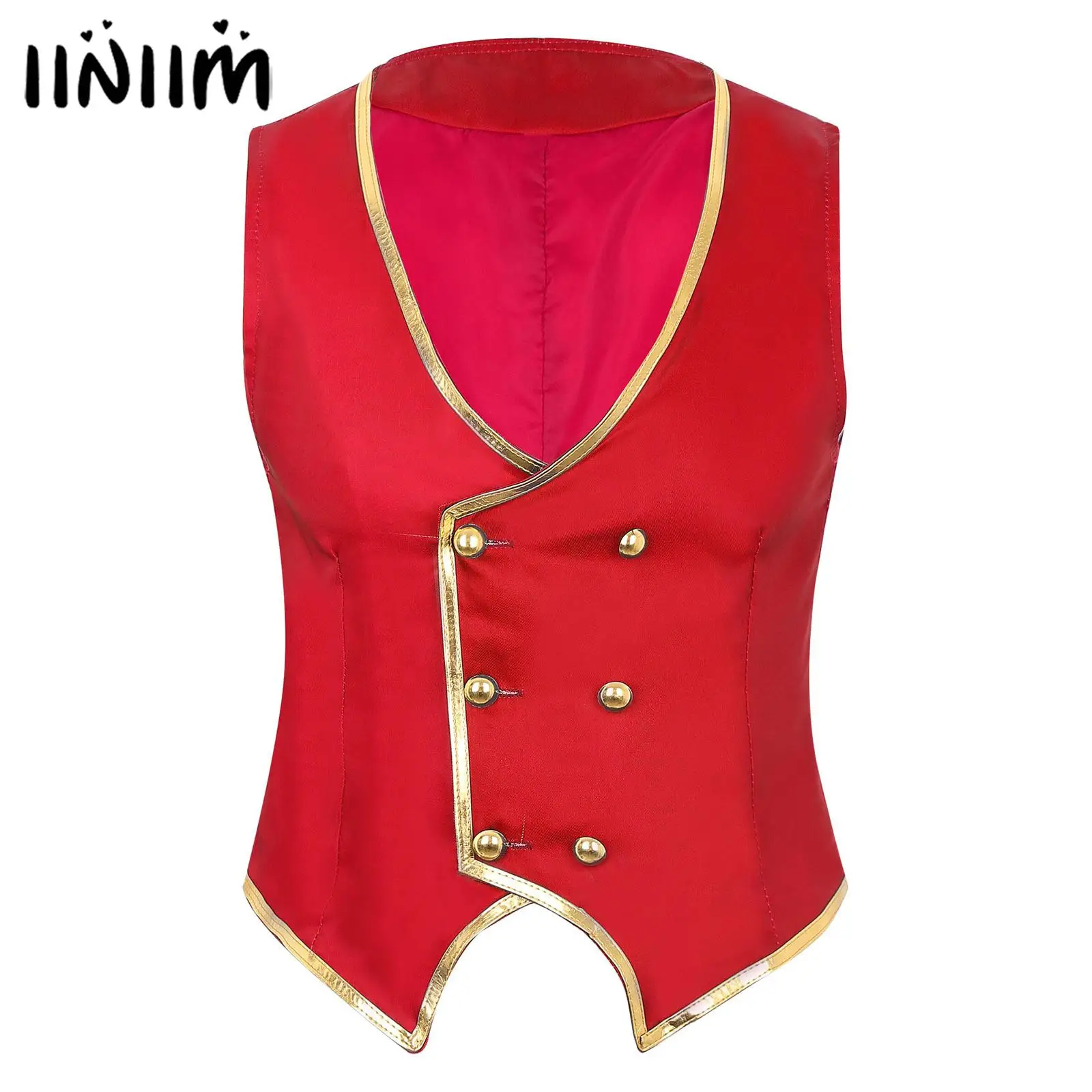 Mens Circus Magician Waistcoat Double-Breasted Pointed Gold Leather Trim Vest Cartoon Wizard Warlock Halloween Cosplay Costume