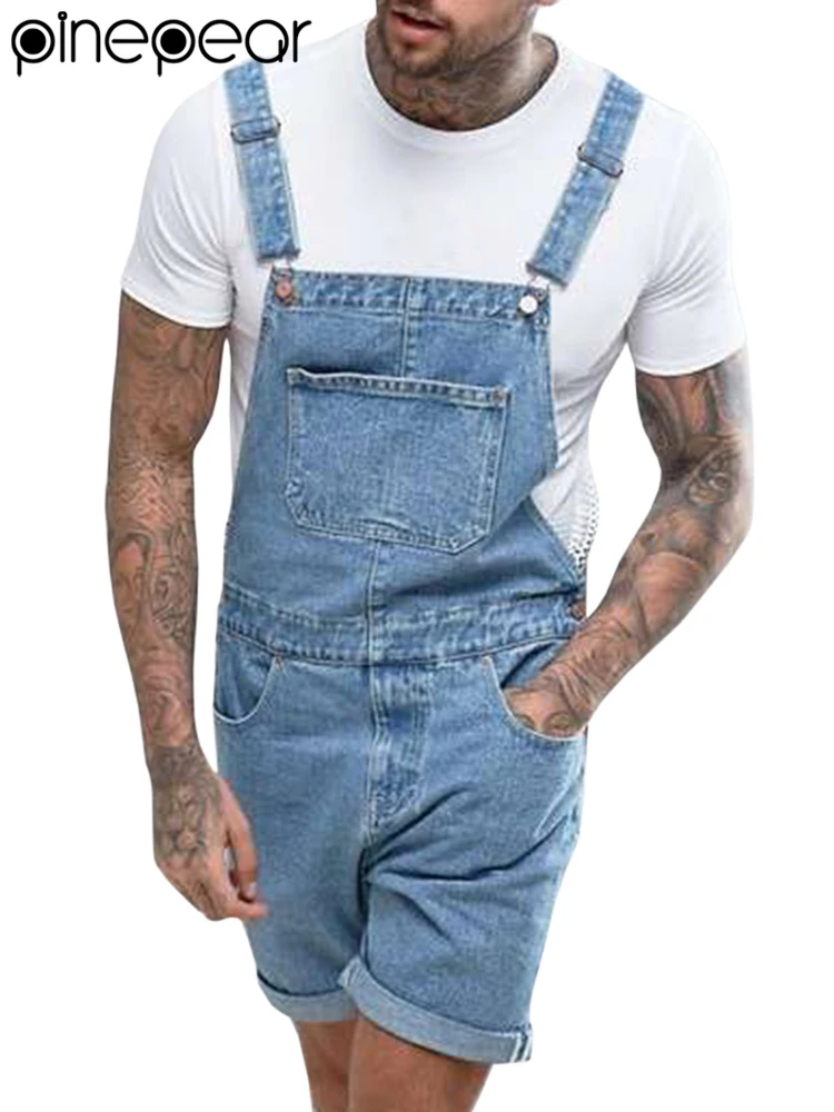 

PinePear 2026 Summer Men's Vintage Jeans Overalls Elastic Denim Jumpsuit With Pockets Men Casual Button Suspenders Short Pants