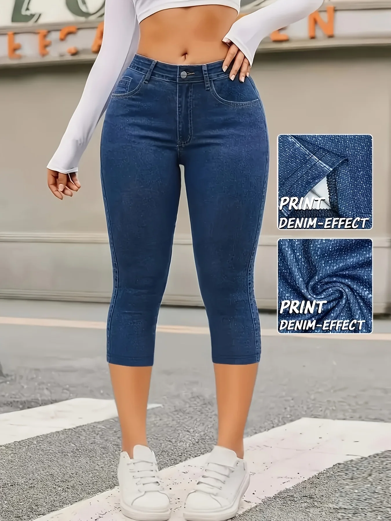 Women's Non-Denim Faux Denim Print 7/8 Length Leggings, Casual Skinny Outdoor Sports Yoga Pants, Soft Skin-Friendly Beach Pants