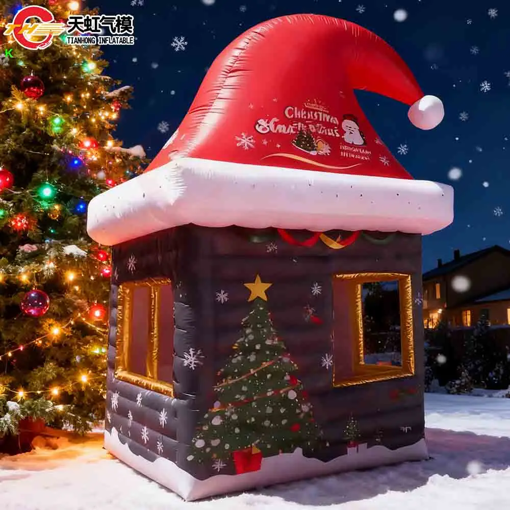Envío rápido, nuevo diseño, tienda inflable para casa de Navidad, sombrero rojo de Papá Noel, tienda inflable con soplador