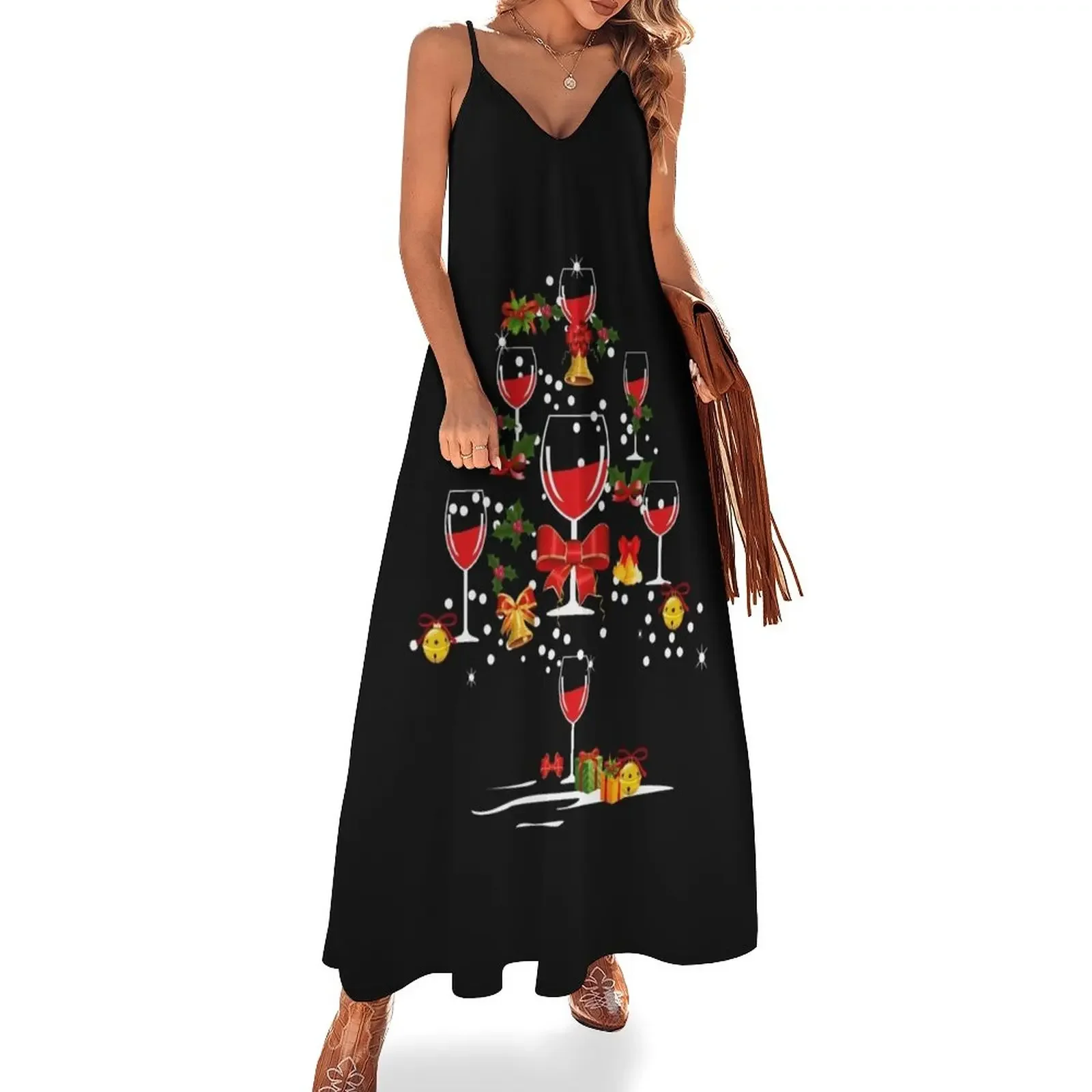 

Mulled Red Wine Funny Christmas Tree Sleeveless Dress women's summer jumpsuit Female clothing