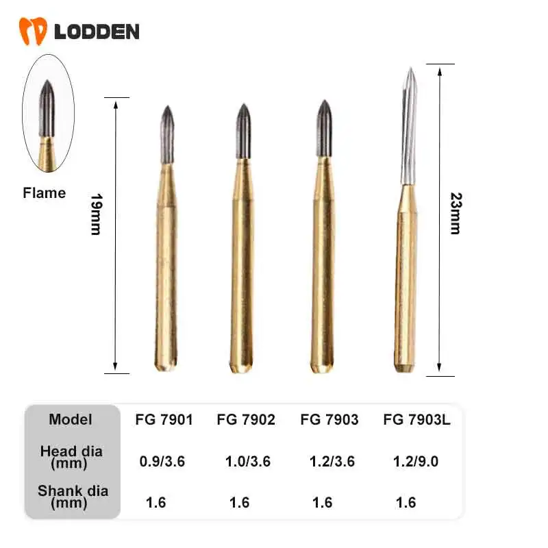 

LODDEN 5pcs Triming & Finishing Carbide Burs 8-12 Blades 7901-7903L Flame Tungsten Gold TC Drills Dentistry Grinding Tools