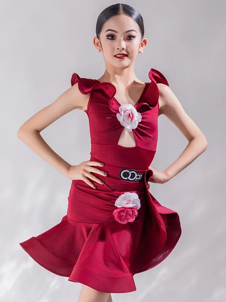 Flower Red Tops Skirt Suit Kids Competition Dress Rumba Ballroom Dance Costume Girls Latin Dance Performance Clothes