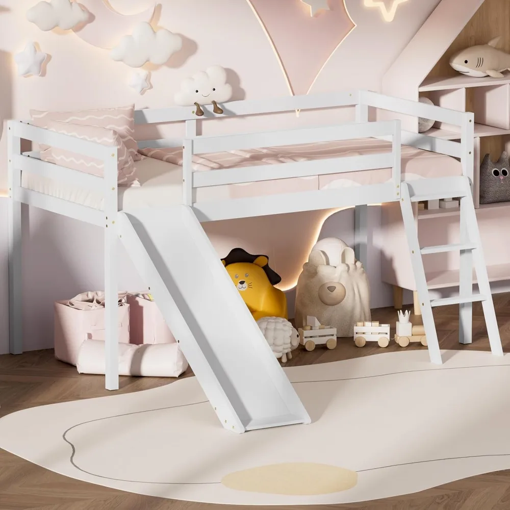 

Low Loft Bed With Slide, Wood Twin Loft Bed Frame With Climbing Ladder & Storage Space For Kids Toddler (White)
