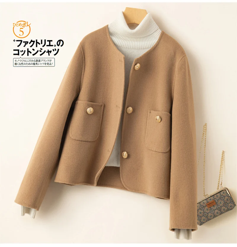 

100% Pure Wool Overcoat for Women Double Faced Woolen O-Neck Fall Outfits Short Woolen Jacket ウール ブレンドコート