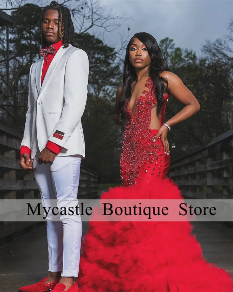 

Red Diamonds Mermaid Prom Dresses 2026 For Black Girls Tulle Rhinestones Formal Occasion Gowns Wedding Party Dress Customized