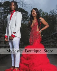 Red Diamonds Mermaid Prom Dresses 2026 For Black Girls Tulle Rhinestones Formal Occasion Gowns Wedding Party Dress Customized