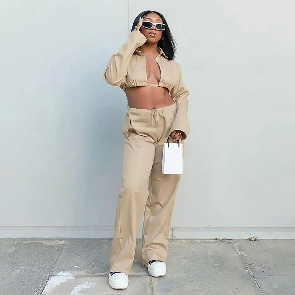 

2 Pcs/Set Women Top Pants Set Loose Elastic Waist Pants Solid Color Deep V Neck Lapel Long Sleeves Low Cut Fall Blouse Pants Set