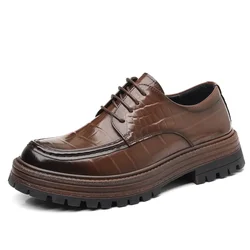 2025 Spring New Designer Leather Loafers Men Fashion Casual Platform Shoes Male British Style Stone Pattern Platform Shoes Men