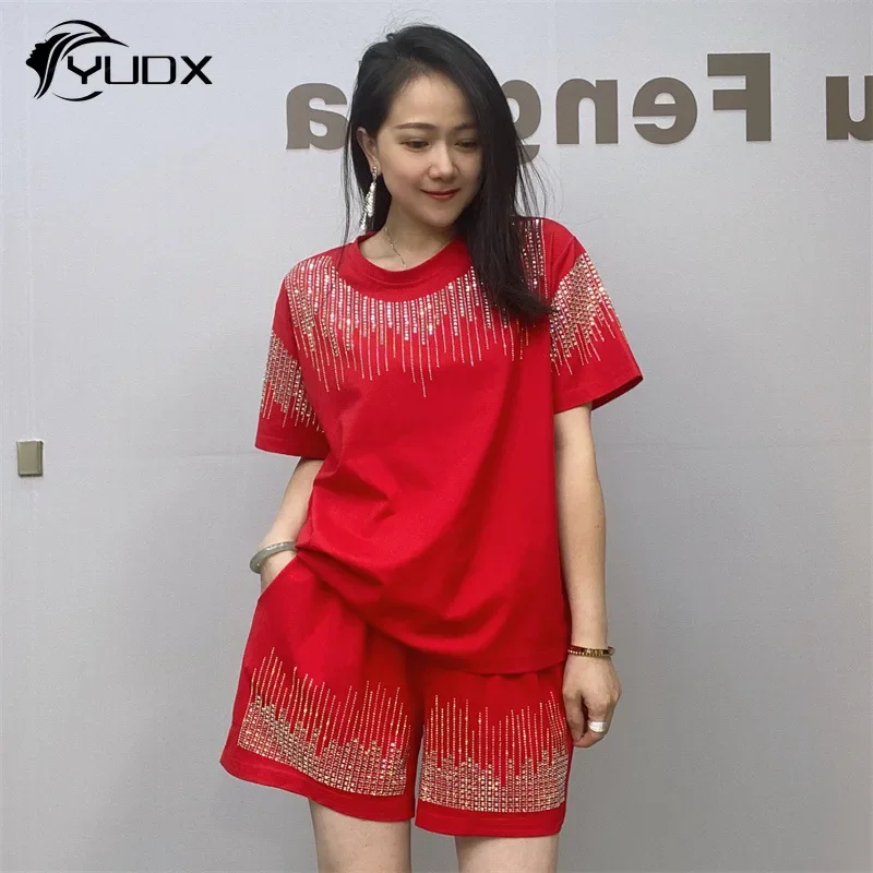 2024 New Summer Women Two-piece Set Shiny Hot Drilling O-neck Loose Short Sleeve T-shirt Top + Casual Wide Leg Shorts Suits