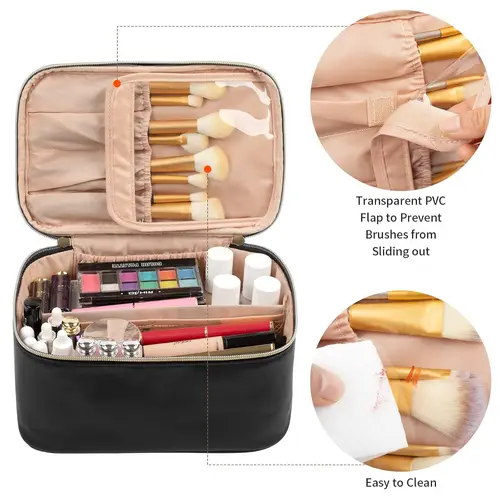 Imagen 2 del producto Bolsa de maquillaje, bolsa de cosméticos portátil, estuche de maquillaje de viaje de gran capacidad, organizador negro para mujer, bolsa de aseo para niñas viajando