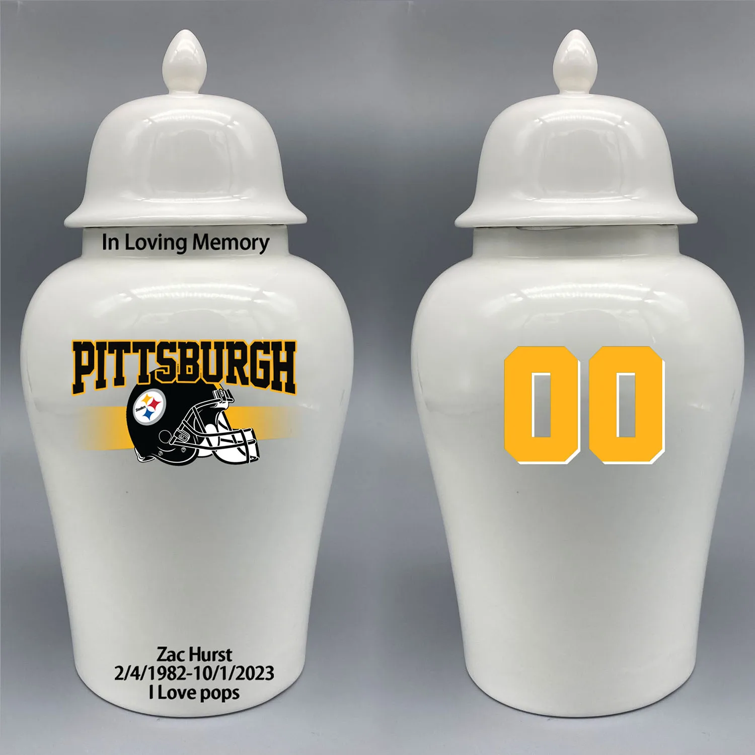 

Large Urn for Pittsburgh Steelers-themed Logo Urn.Please send me the customize information-name/date and number on the urn