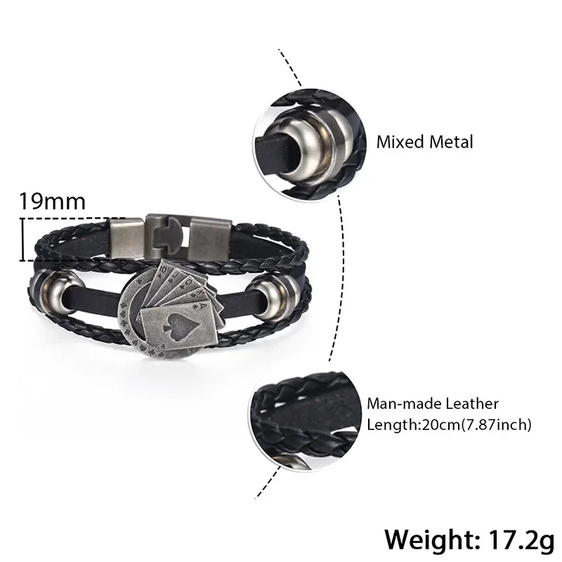 Men's Leather Bracelets Vintage Lucky Poker Card ID Stars Bar Charm Multilayer Strand Bracelet Male Jewelry Gift image 4