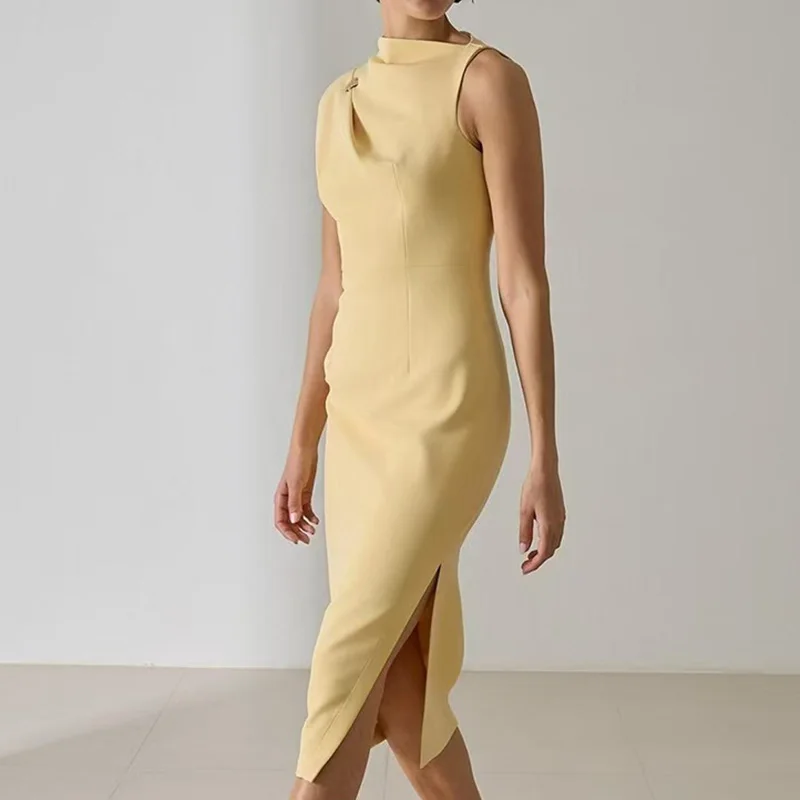 الربيع الصيف بلا أكمام سليم Bodycon الوركين فستان المرأة مثير طاقم الرقبة الجانب الشق مساء فستان أنيق مكتب السيدات فساتين متوسطة الطول