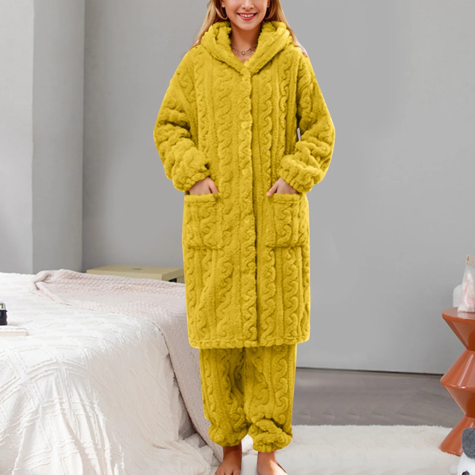 Womens Long Bathrobe And Pants Women Fuzzy Pajama Set Warm Fluffy Long Sleeve Sleepwear Plush Loungewear Thermal Two Piece Sets