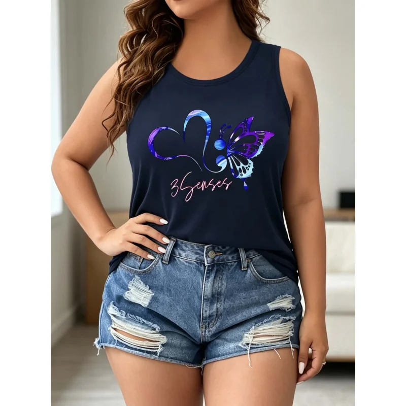 Butterfly Print Large-Sized Fashionable Round-Neck Pullover for Summer, Women's Sports Sleeveless Pullover image 5