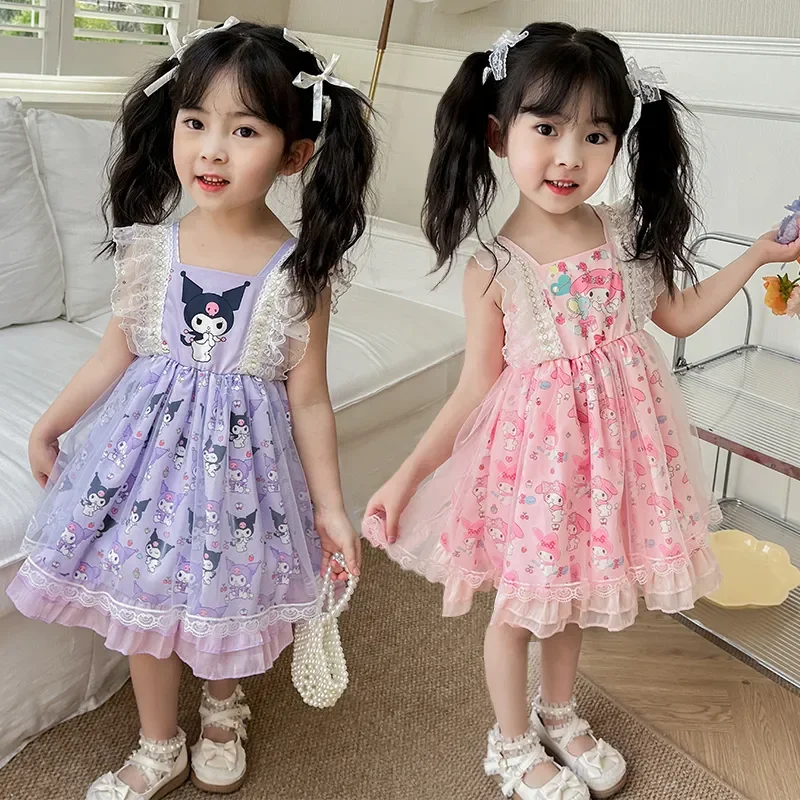 Fashion Summer Sanrio Baby Girls Dress 2024 New Kids Kuromi MyMelody Lace Short Sleeved Princess Dresses Children Party Costumes