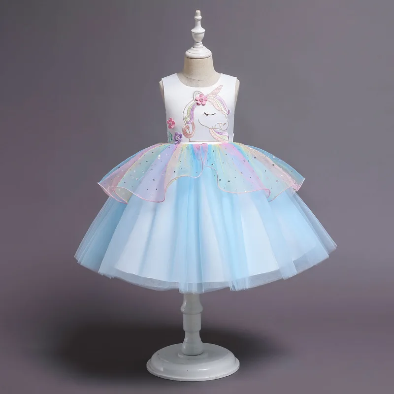 Rainbow Unicorn Dress Girl Costume Princess Fancy Dress, Girl Role Playing Birthday Party Dress up Game