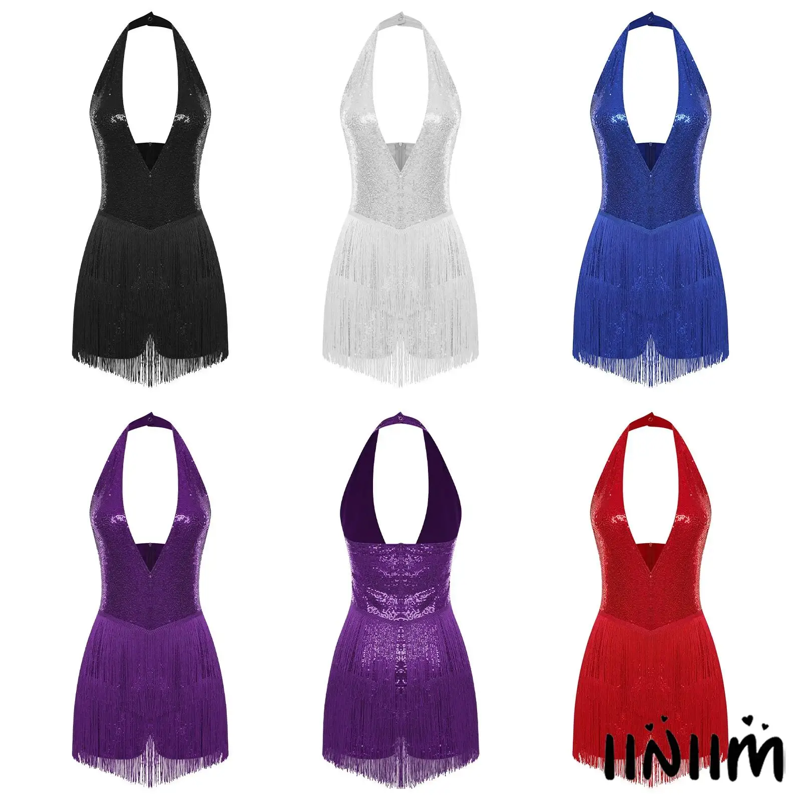 

Womens Jazz Latin Disco Dance Clubwear Glittery Sequin Bodysuit Rompers Halter Plunging V Neck Tiered Tassel Fringe Jumpsuit