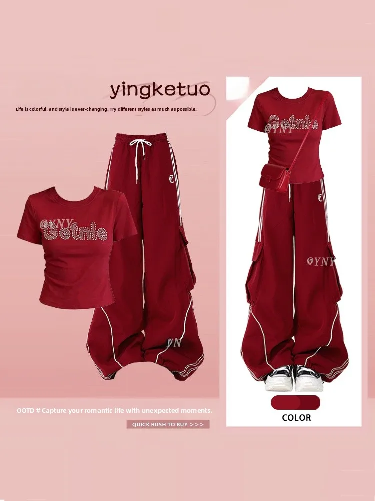 Summer Vintage Sports Style Casual Pants with Drawstring And Color Block Short Sleeve T-Shirt Fashionable Two-Piece Set for W...